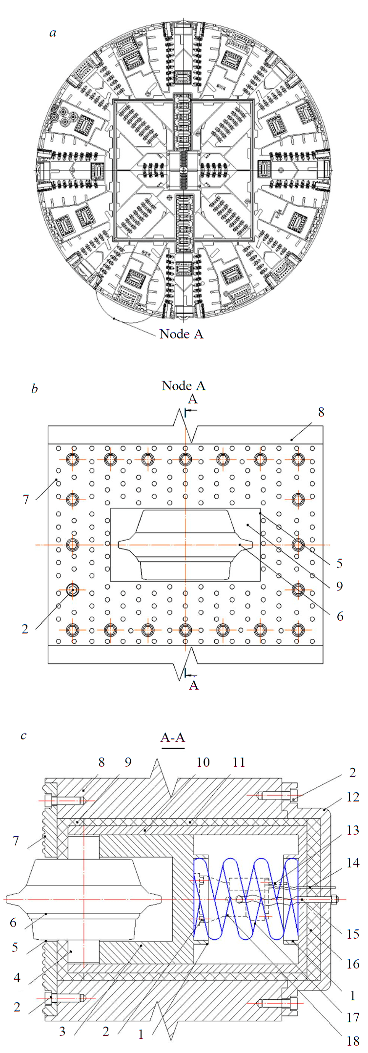 Fig.5. General view of the executive body (a), the design of the vibroactive cutter (b, c)