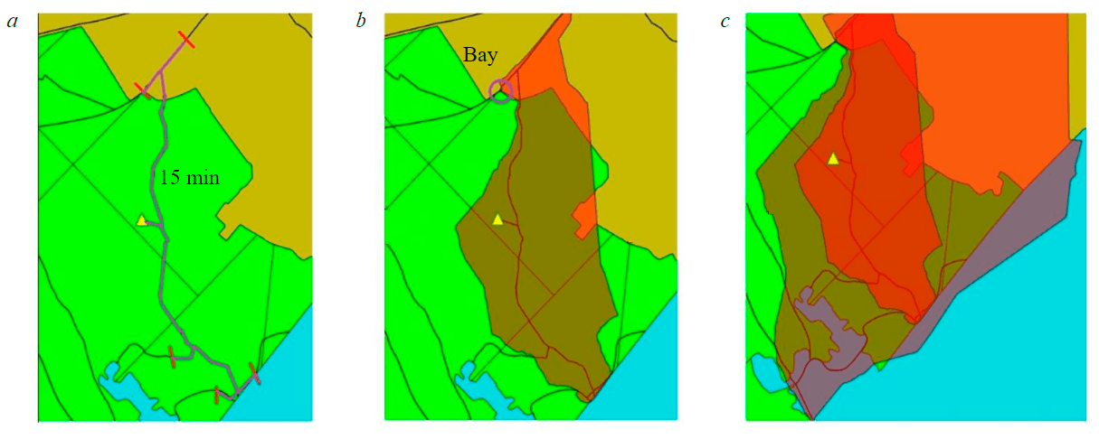 Fig.2. Algorithm for constructing isochrones on the example of a timber industry enterprise a – points are measured; b – dots are marked; c – points are connected to a polygon