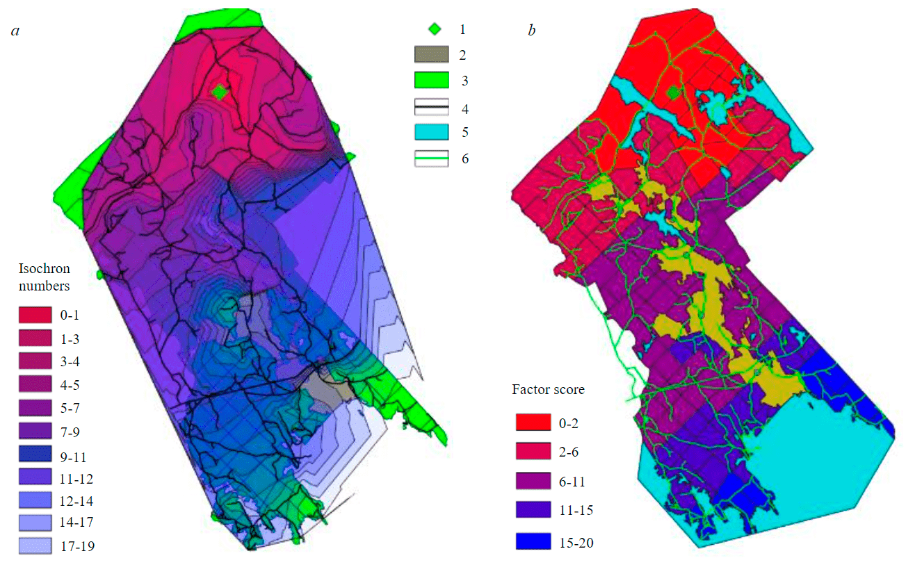 Fig.3. Construction of isochrones using the example of a forestry office (a), graded design of forest quarters according to accessibility to the forestry office (b) 1 – forest office; 2 – settlements; 3 – land plots; 4 – road network; 5 – water bodies; 6 – road network