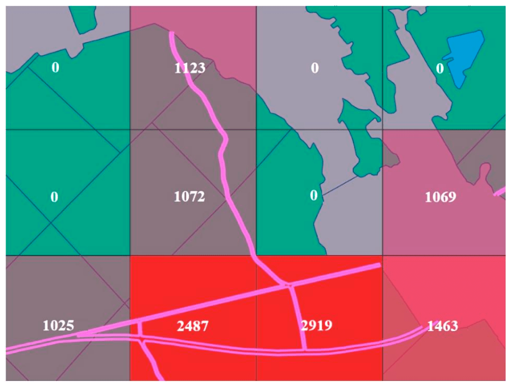 Fig.5. Calculation of the road network density on a geometric grid, m/ha