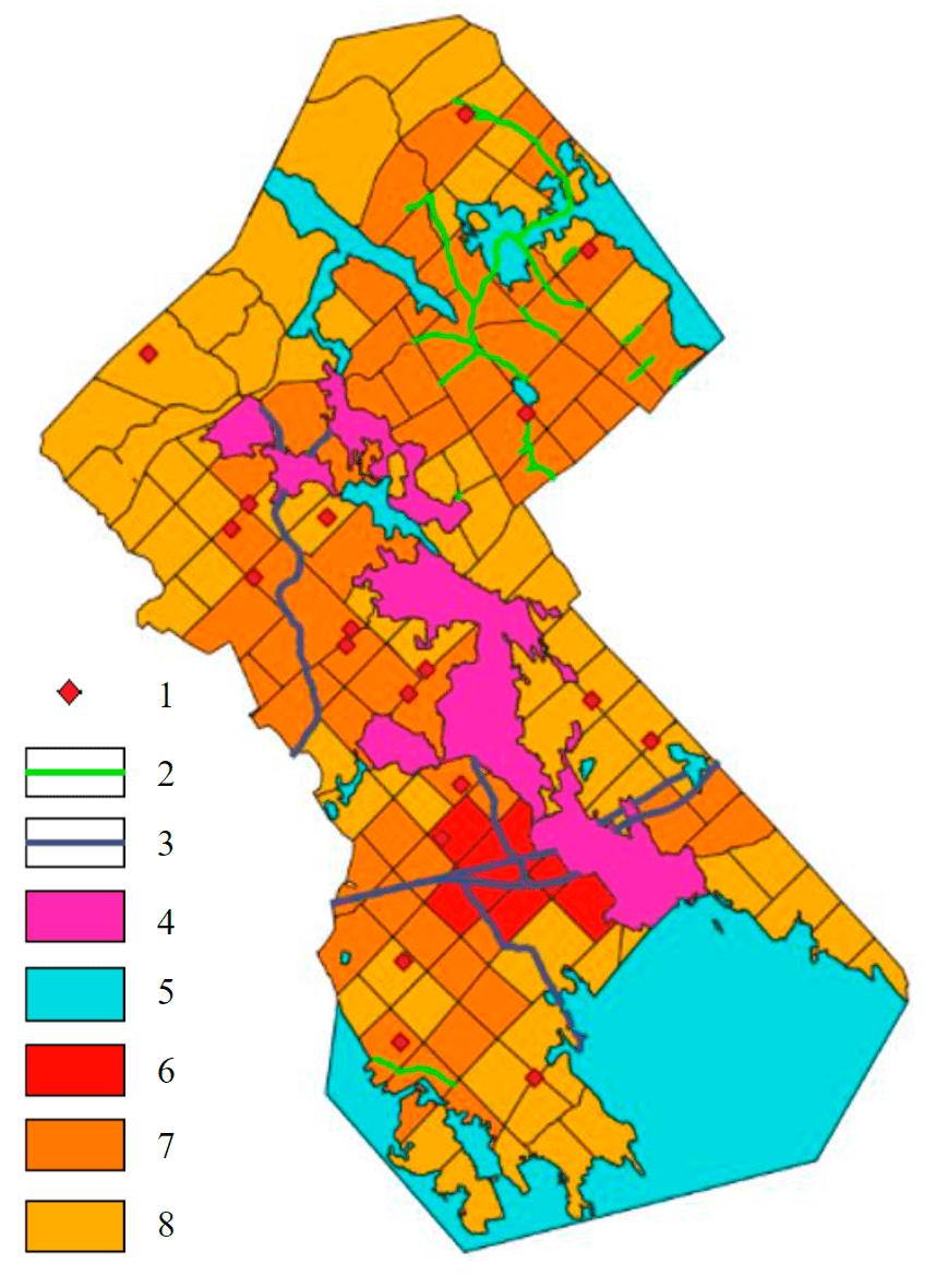 Fig.7. Differentiation of the territory of the Baltic precinct forestry by levels of forest infrastructure development 1 – upper/lower warehouses; 2 – timber road; 3 – motor road; 4 – settlements; 5 – hydrography; 6 – cluster 1; 7 – cluster 2; 8 – cluster 3