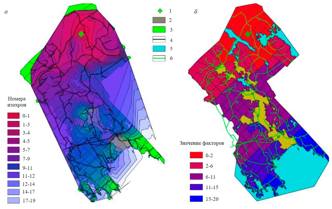 Рис.3. Построение изохрон на примере конторы лесничества (а), градуированное оформление лесных кварталов по доступности к конторе лесничества (б) 1 – контора лесничества; 2 – населенные пункты; 3 – земельные участки; 4 – дорожная сеть; 5 – водные объекты; 6 – дорожная сеть