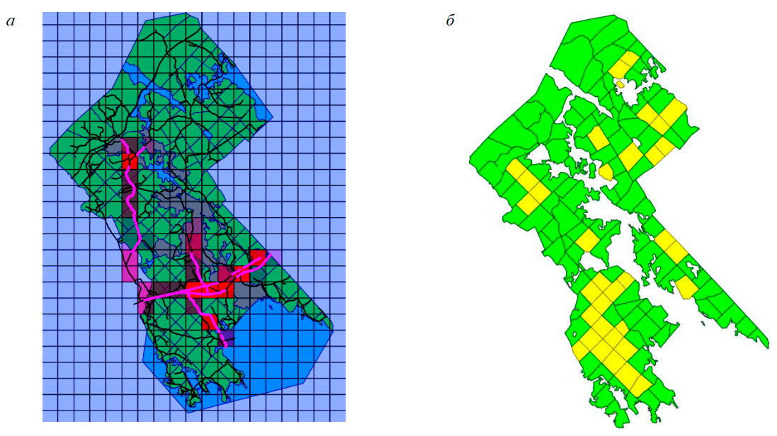 Рис.4. Построение геометрической сетки на территории лесничества: а – пример присвоения ячейкам значений плотностей автомобильных дорог; б – выборка типовых лесных кварталов