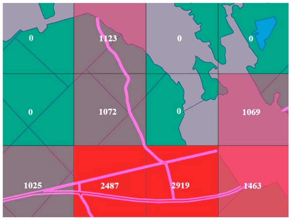 Рис.5. Расчет плотности дорожной сети по геометрической сетке, м/га