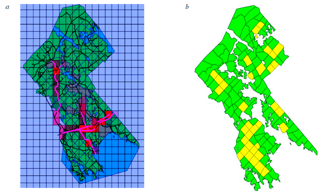 Fig.4. Construction of a geometric grid on the territory of a forestry: a – an example of assigning values of road densities; b – sample of typical forest blocks